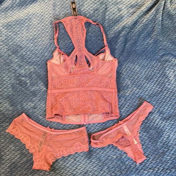 Victoria’s Secret 3 piece set long line bra bikini panties & thong 32C XS mauve - Picture 5 of 10